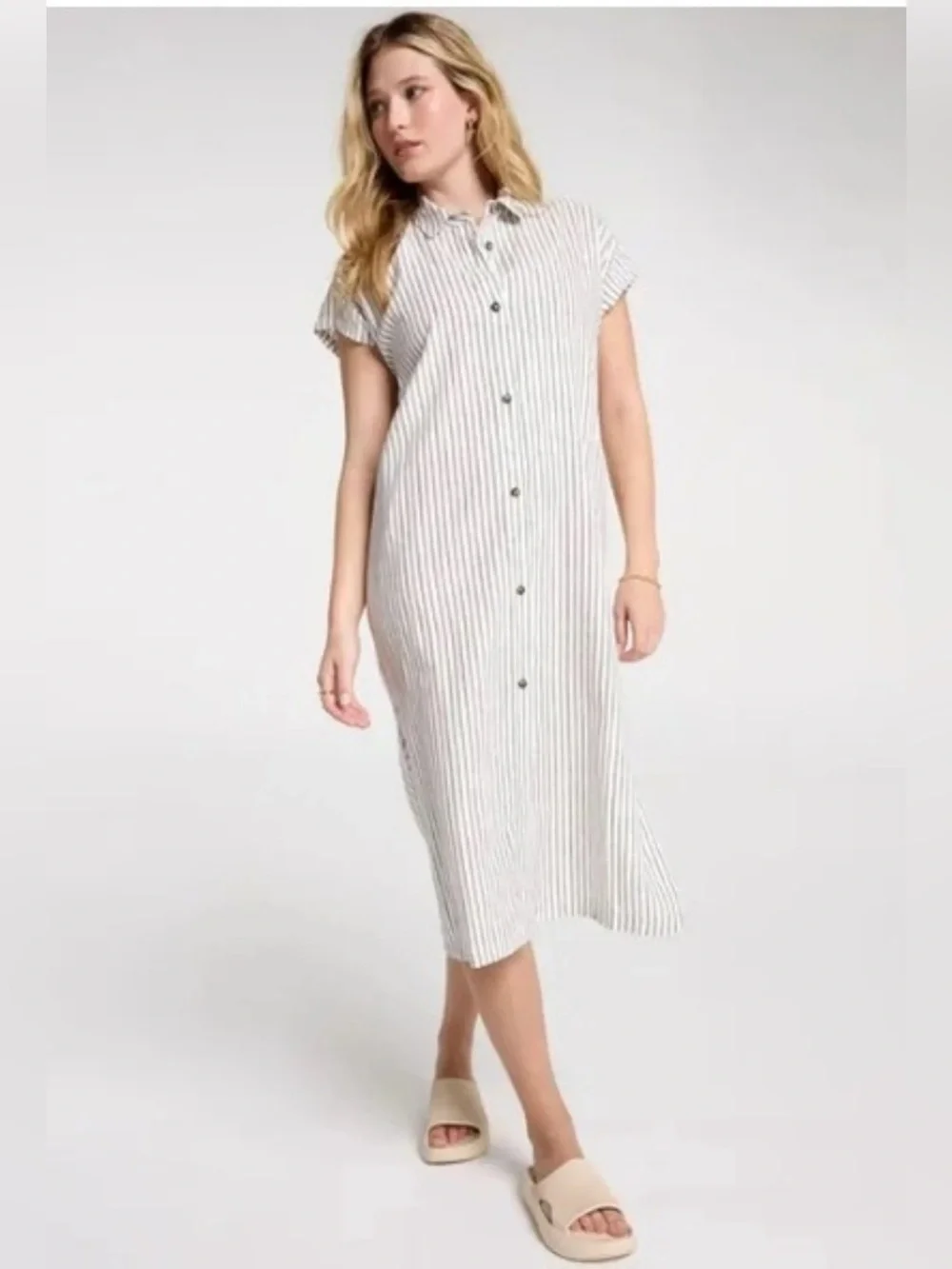 Calia Swim Coverup Dress Yucatan Stripe Ivory Linen Blend Button Down NWT Medium - Picture 1 of 15